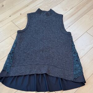 Anthropologie Charcoal Gray Mock Neck Layered Tank with Teal Lace